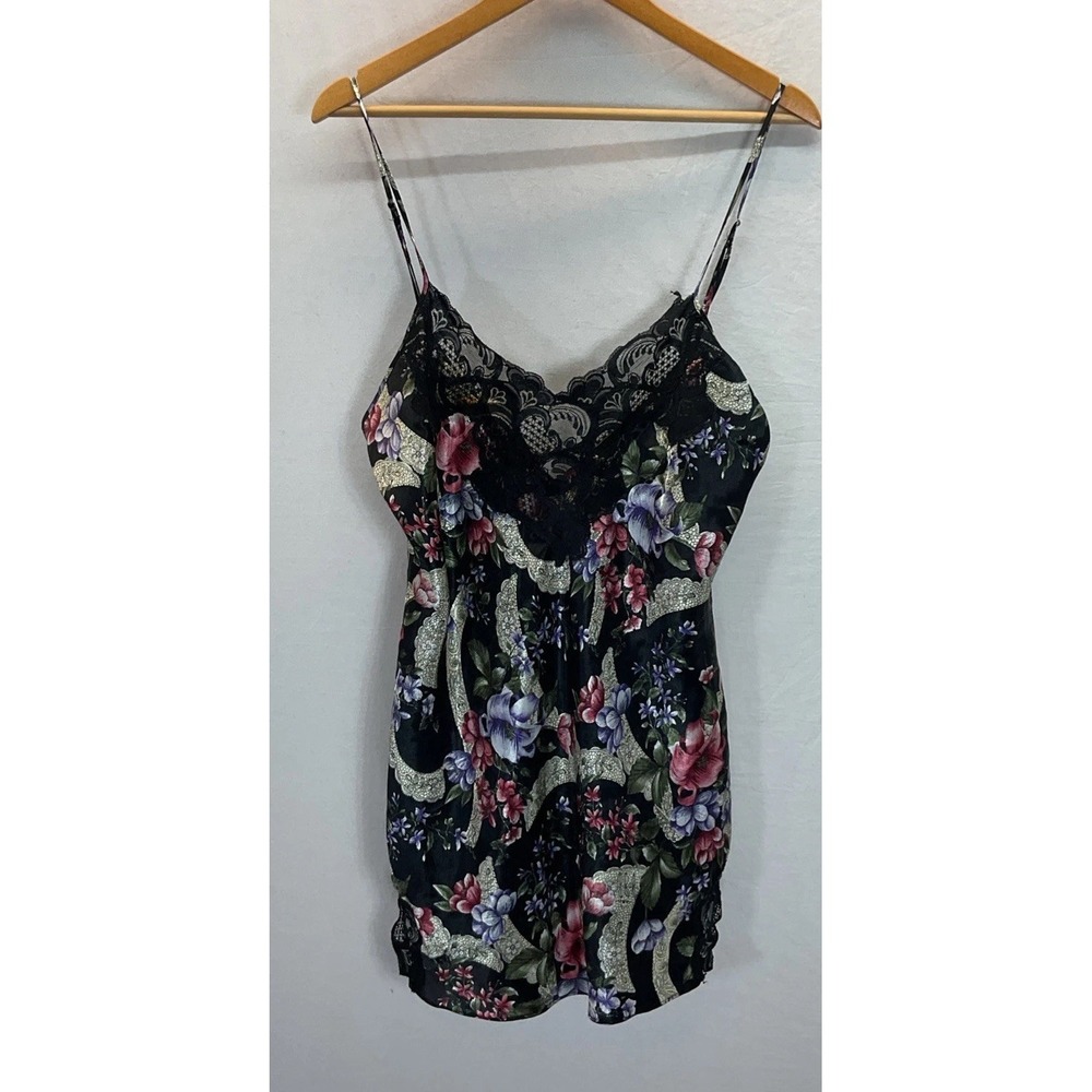 Victoria's Secret Gold Label L Black Floral Satin Short Nightie Lace Y2K Romance
